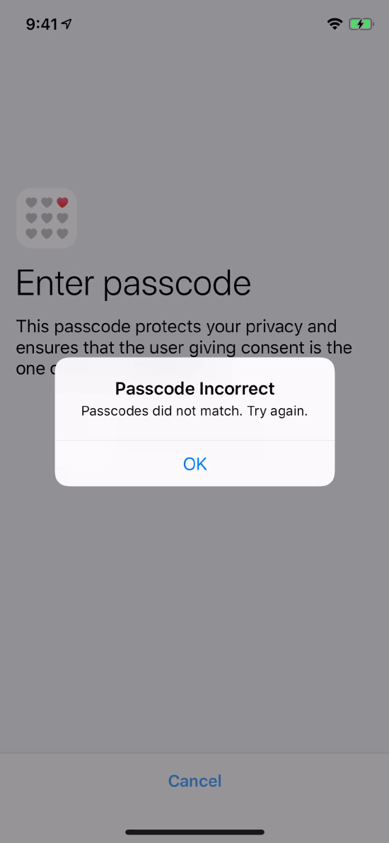 Incorrect passcode with retry